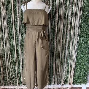 Khaki Brown Wide Leg Jumpsuit with Tie Waist and Button Detail